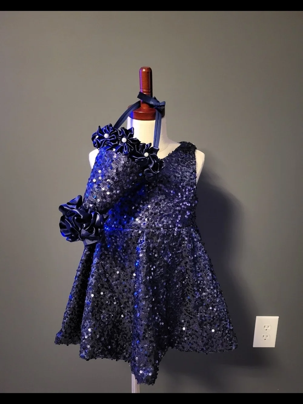 Navy Blue Sequin Flower Halter Party Dress